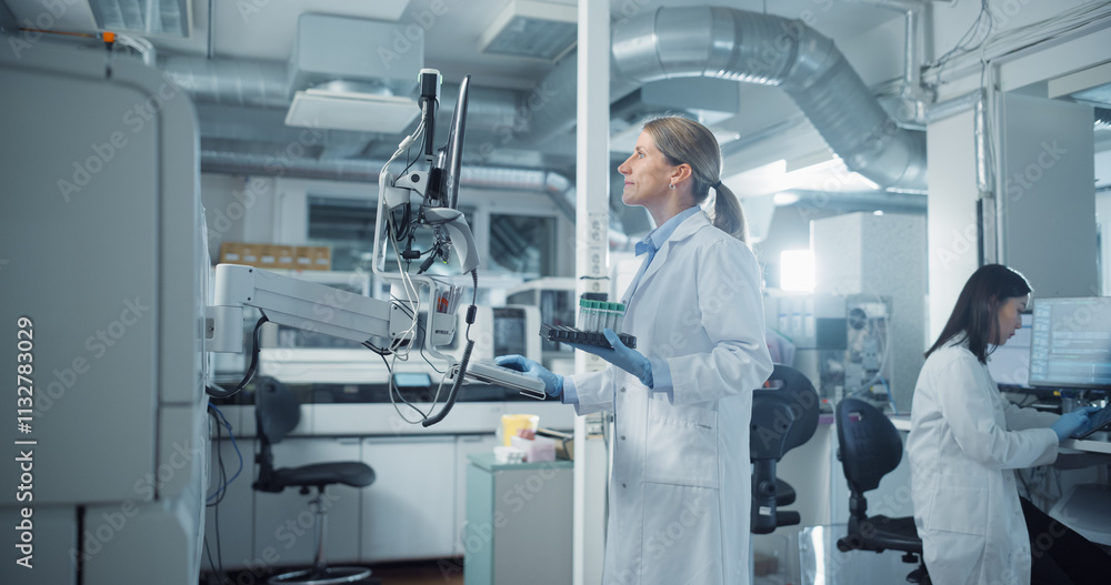 Poster Scientist in White Lab Coat Operates Advanced Testing Equipment in Modern Laboratory. Handling Samples and Analyzing Data on a Computer. Researcher Working with Colleagues in a High-tech Environment