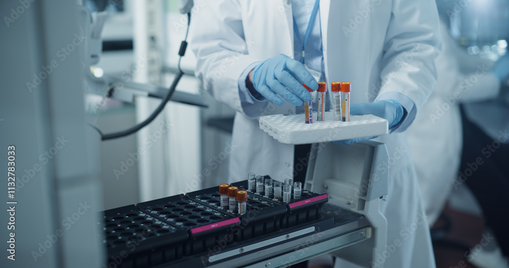 Poster laboratory technician in white coat transfers blood samples between test tube rack and automated ana