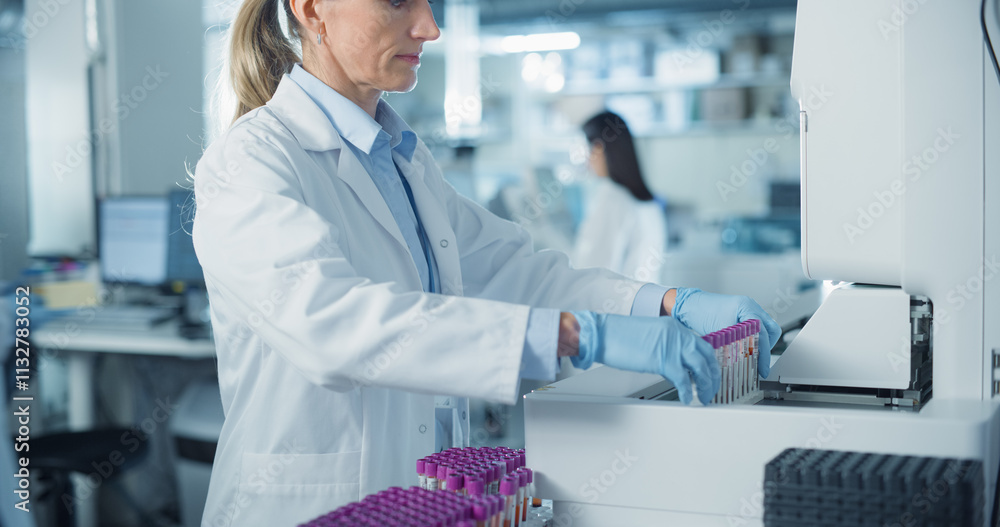 Poster portrait of a female bioengineer at work in a modern medical research facility. scientist in a white