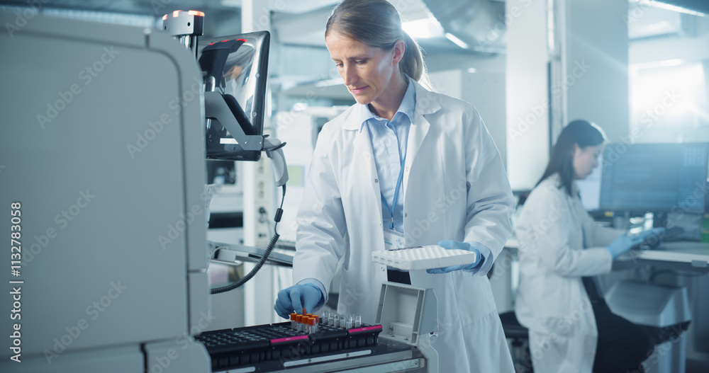 Poster female hospital doctor in white lab coat operates advanced testing machine, carefully loading a tray