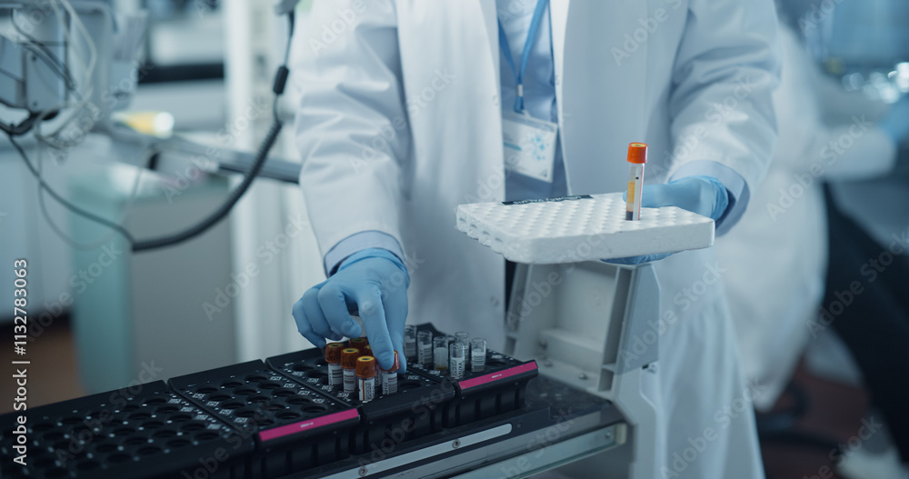 Poster laboratory technician in white coat transfers blood samples between test tube rack and automated ana