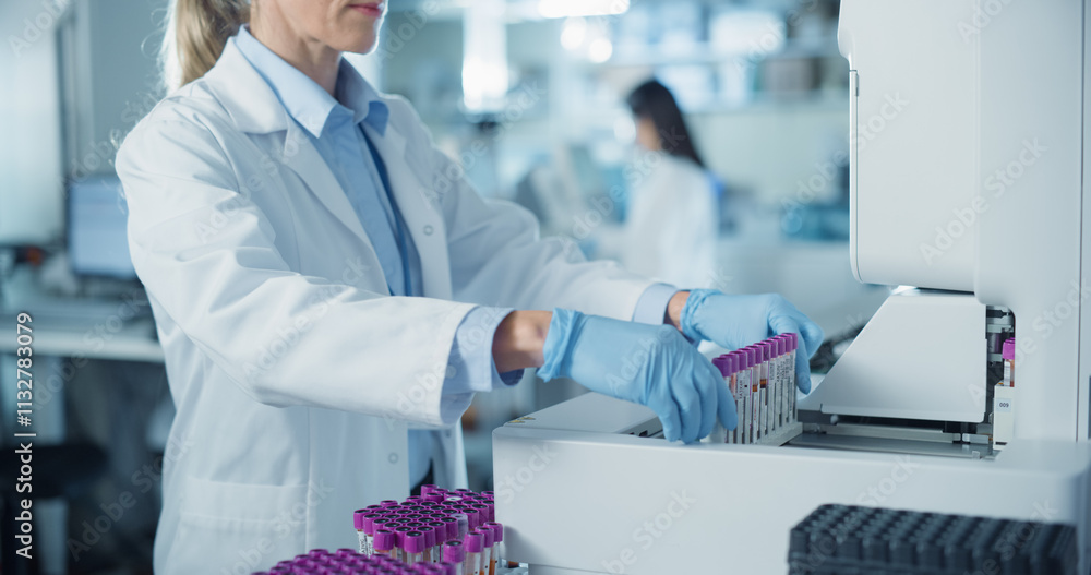 Poster portrait of a female bioengineer at work in a modern medical research facility. scientist in a white