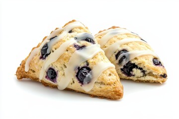 Delicious blueberry scones drizzled with icing on a white background ready to be enjoyed
