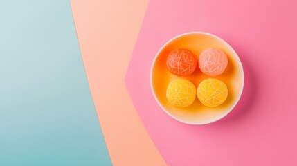 Small colorful round cakes in a yellow bowl. Flat lay photo with colorful pastel background and copy space.