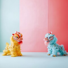 A minimalistic photo of Dragon and Lion Dance. Vivid composition with red, pink and light blue background and copy space.