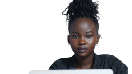 African young female Employee IT specialist sit at work with laptop on white background	