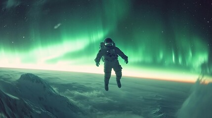 Astronaut floats above a snow covered landscape under aurora borealis