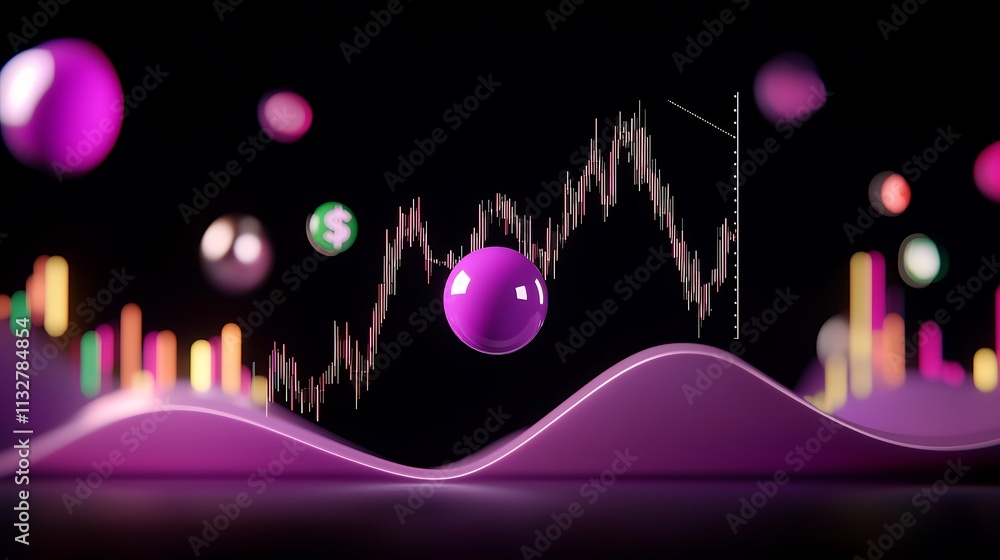 Poster abstract 3d rendering of stock market graph with floating spheres.