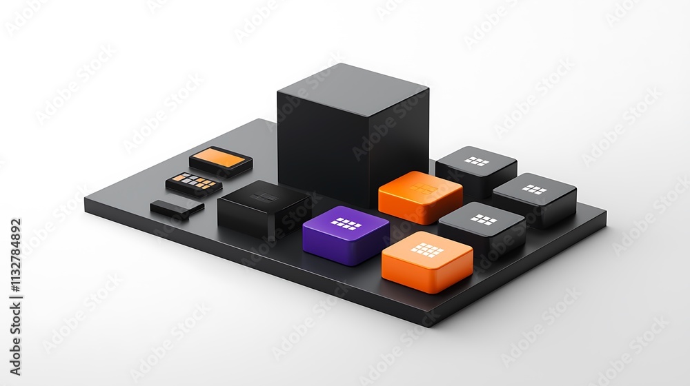Poster abstract 3d rendering of various electronic components on a black platform.