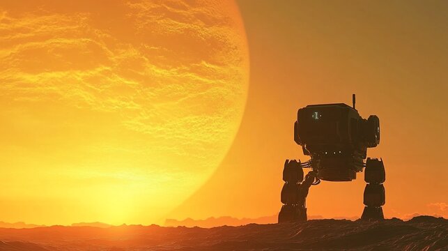 Robotic Explorer at Sunset on Alien Planet
