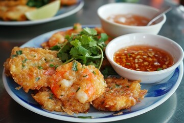 Fototapeta premium Delicious Vietnamese Shrimp Cakes with Dipping Sauces