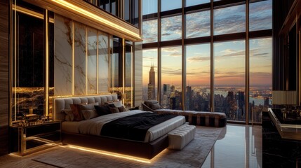Luxurious penthouse bedroom with city skyline view at sunrise.