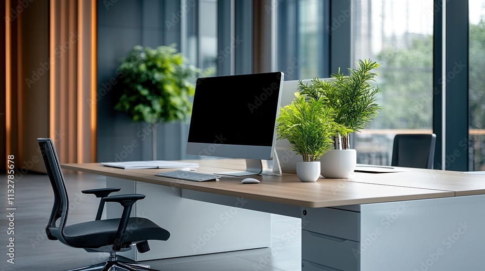 Poster modern green office desk with computer display and lush plants creating a serene workspace