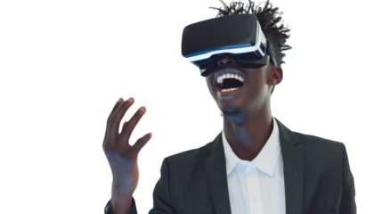 African young businessman watching vr glasses laughing and gesturing with hand on white background
