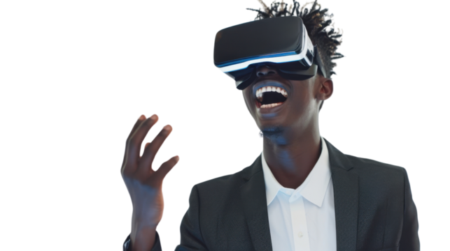 African young businessman watching vr glasses laughing and gesturing with hand on white background
