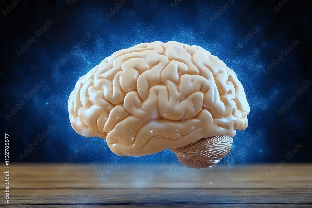 Poster exploration of brain power with a creative visualization of a brain glowing against a mystical blue 