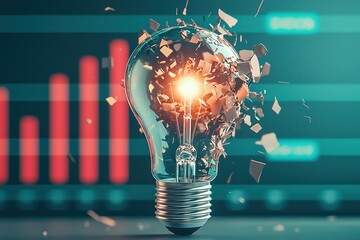 Shattered illumination symbolizes business decline with a striking lightbulb and blurred bar graph in cinematic representation