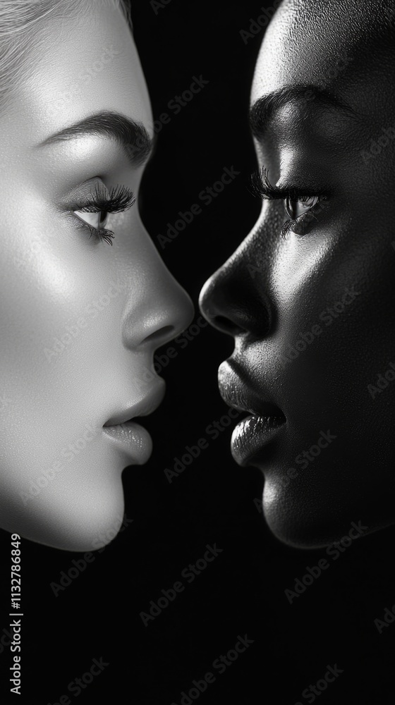 Poster captivating profile view showcases two models, one with fair skin and the other with deep skin tone,