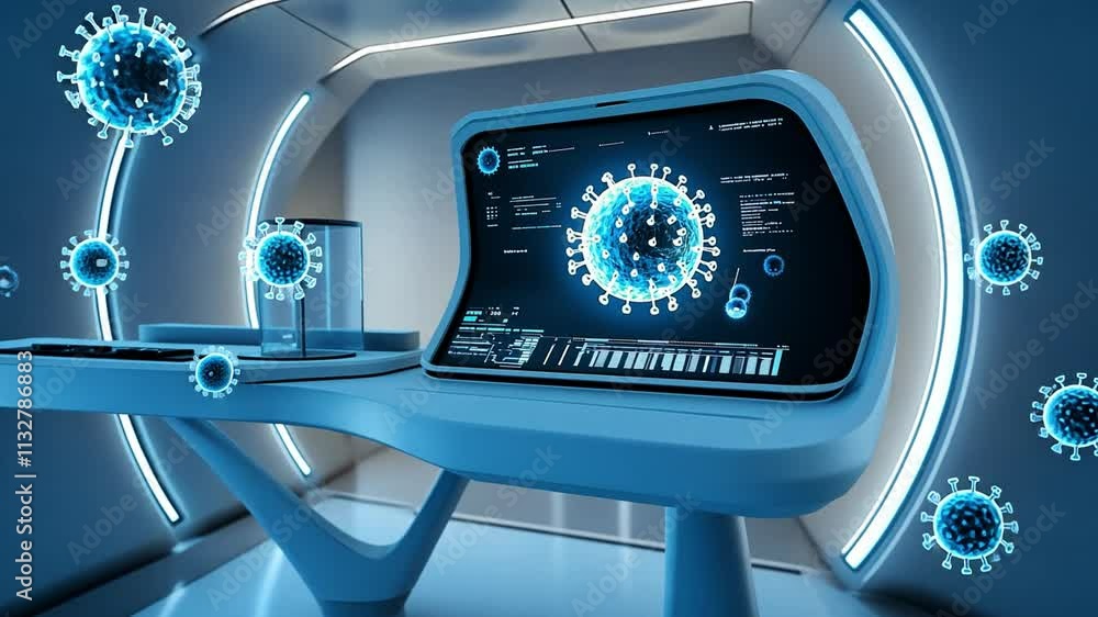 Poster biocomputer interface displaying viral structures in a futuristic laboratory setting