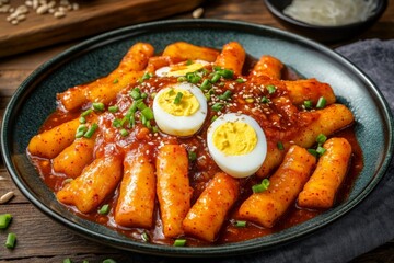 Fototapeta premium Delicious Spicy Tteokbokki with Boiled Eggs and Sesame Seeds