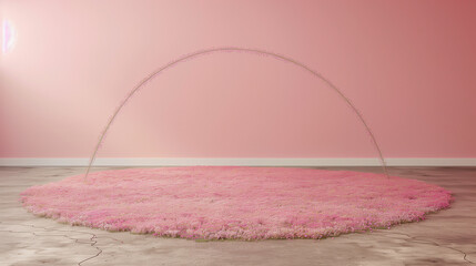 Minimalist Floral Installation with Pink Arch and Blossoms..