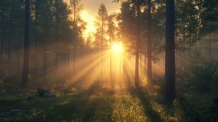 Fototapeta premium Sunbeams Through the Forest: A Path to Tranquility