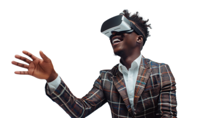 African young businessman watching vr glasses laughing and gesturing with hand on white background
