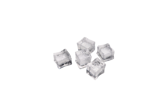 Crystal clear ice cubes melted with water droplets isolated on transparent background. Png image