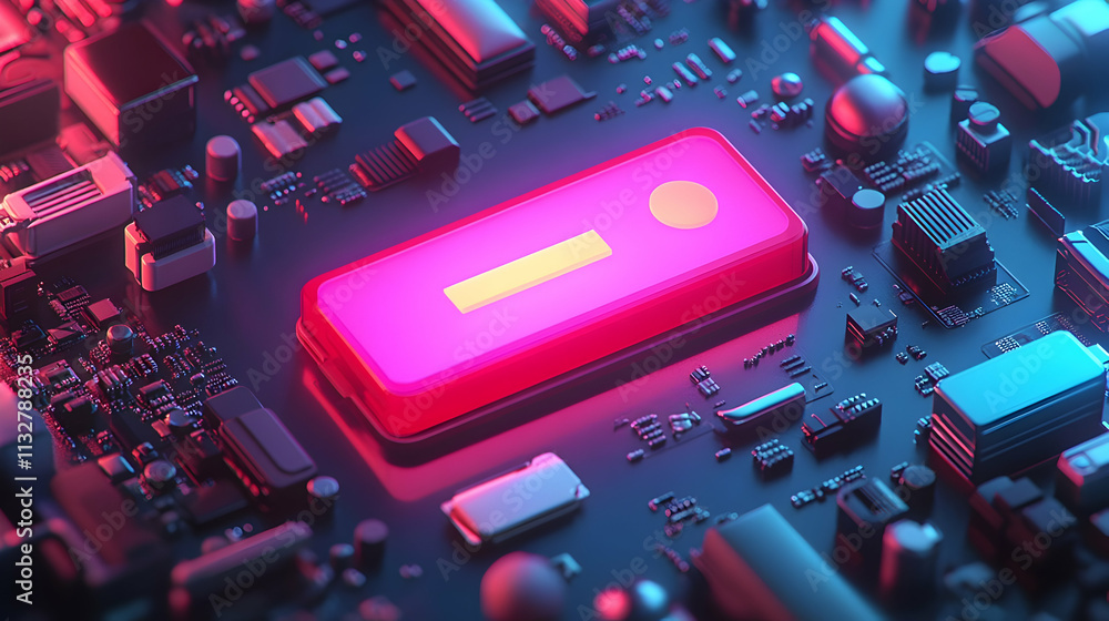 Poster pink illuminated button on circuit board.