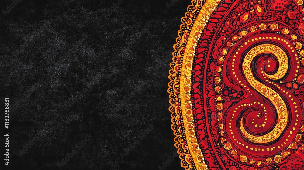 Poster red and gold mandala design with intricate patterns and dark background