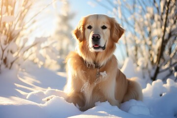 Golden retriever dog is lying on snow in winter forest at sunset