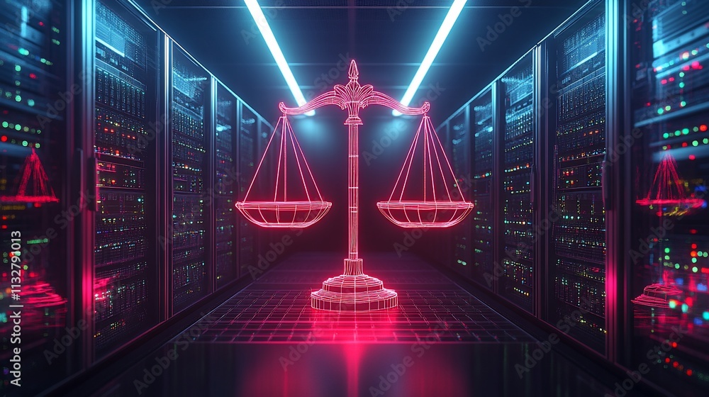 Poster a digital representation of justice with scales in a server room.
