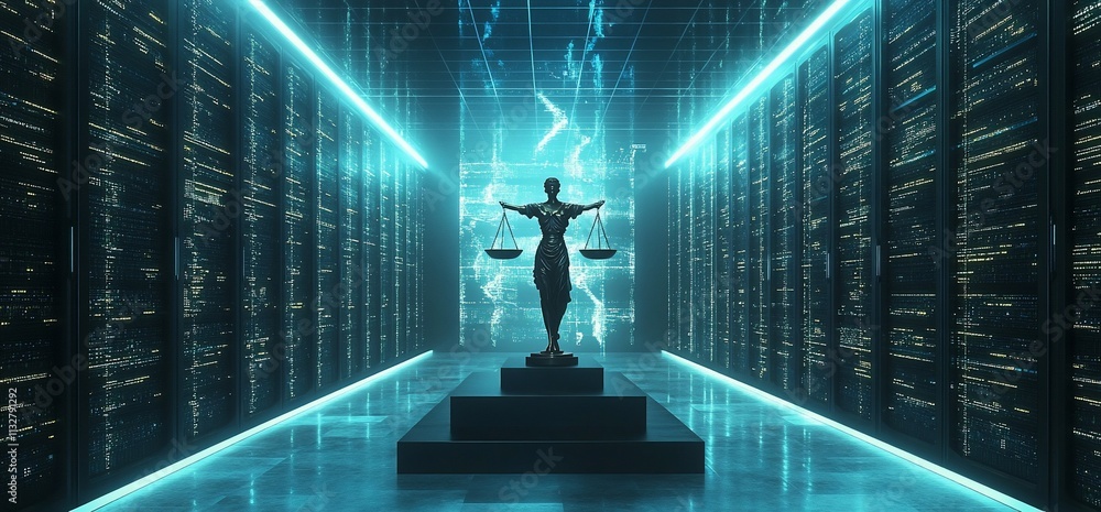 Poster A digital representation of justice with scales in a high-tech environment.