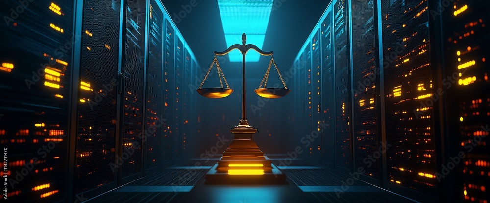 Poster a digital representation of justice within a futuristic data center.
