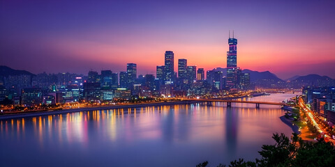 Fototapeta premium City Skyline with River and Sunset Glow
