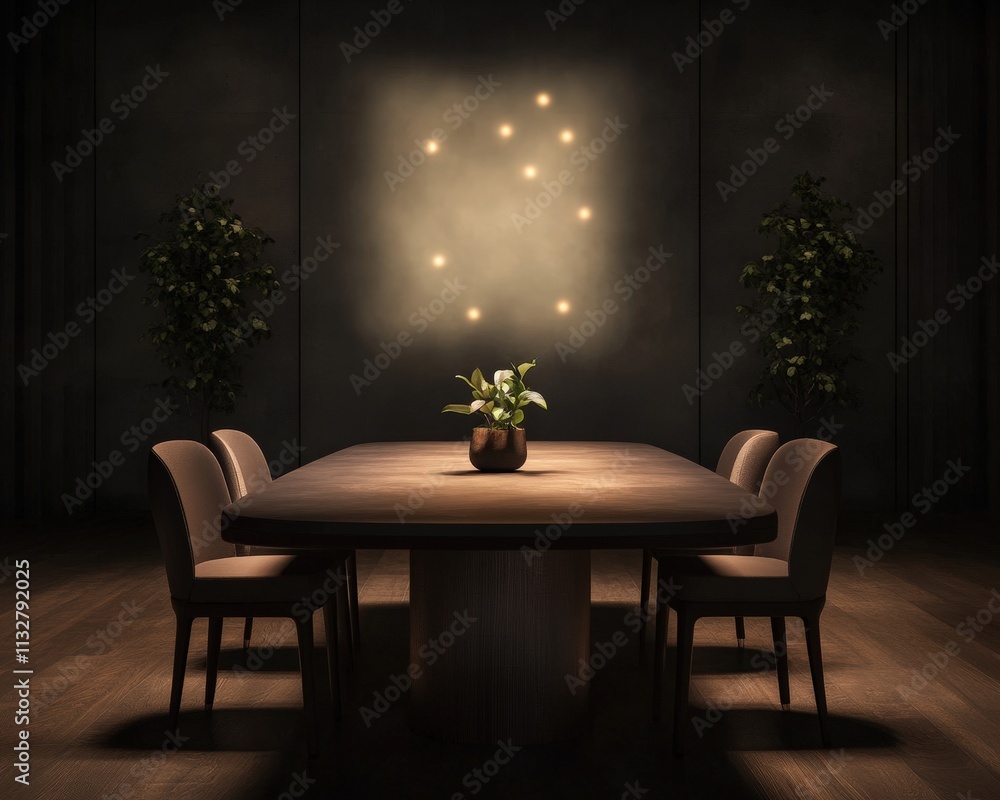 Poster A dimly lit dining area features a central table with a plant and illuminated wall lights, creating an intimate and inviting atmosphere.
