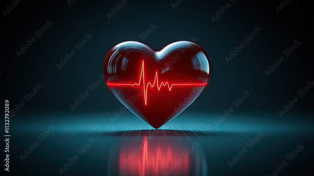 Poster a red heart shape intertwined with a heartbeat line, displayed on a dark background with subtle glow