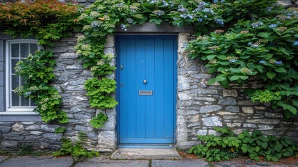 Fototapeta premium Blue Door Framed By Stone And Blooming Hydrangeas