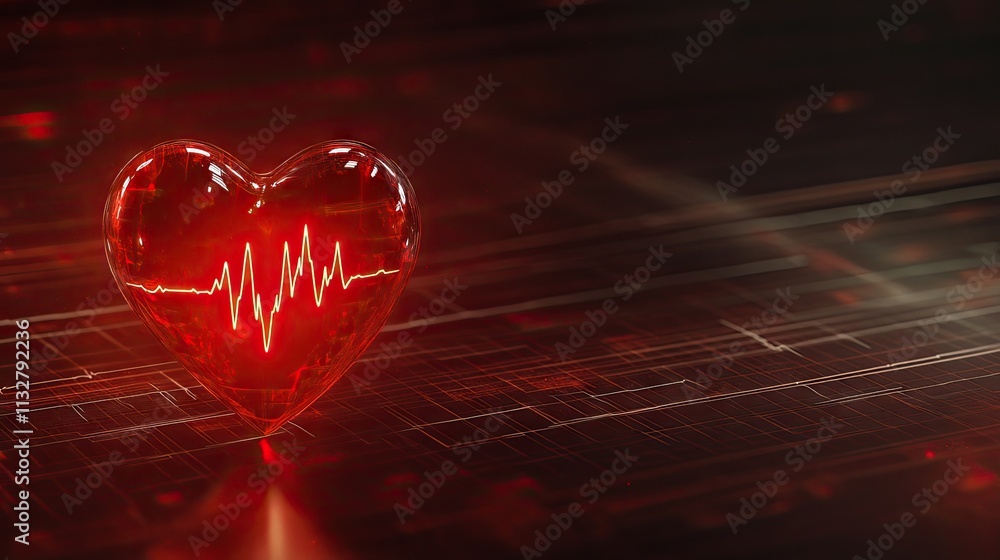 Poster a red heart with a pulsating heartbeat line, set against a medical-themed background with faint grid
