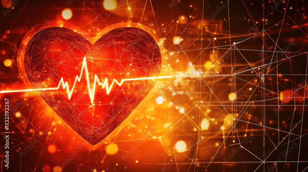 Poster a red heart with a pulsating heartbeat line, set against a medical-themed background with faint grid