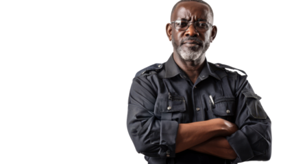 African middle age male security , confident and arms crossed on white background
