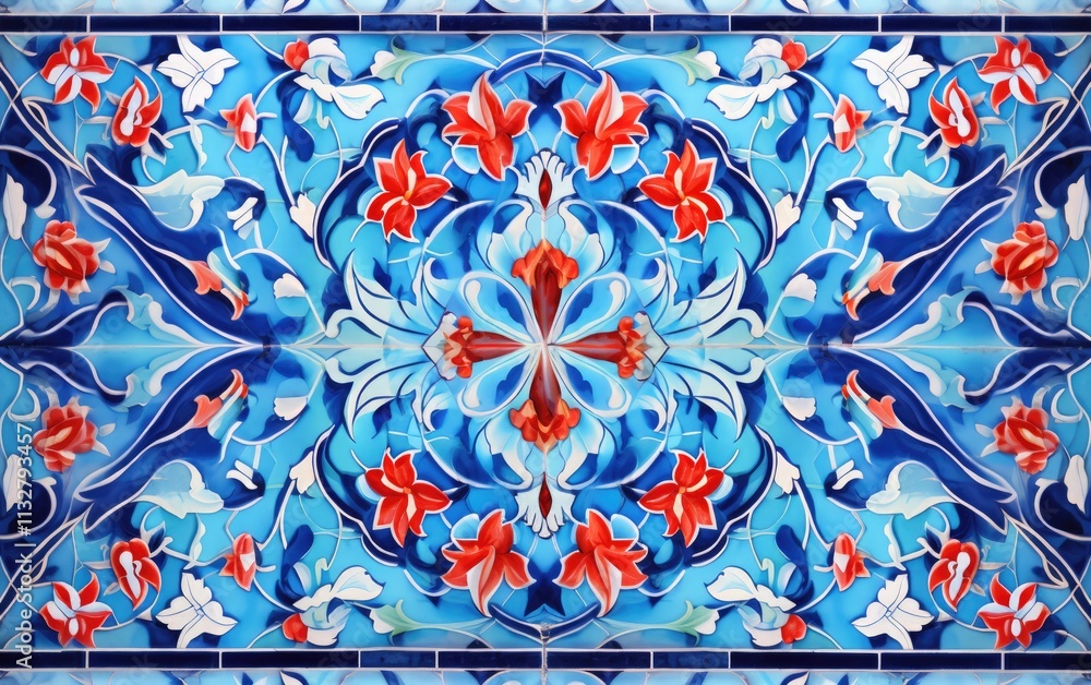 Poster vibrant abstract painting featuring a symmetrical floral-like design with intricate patterns and a v