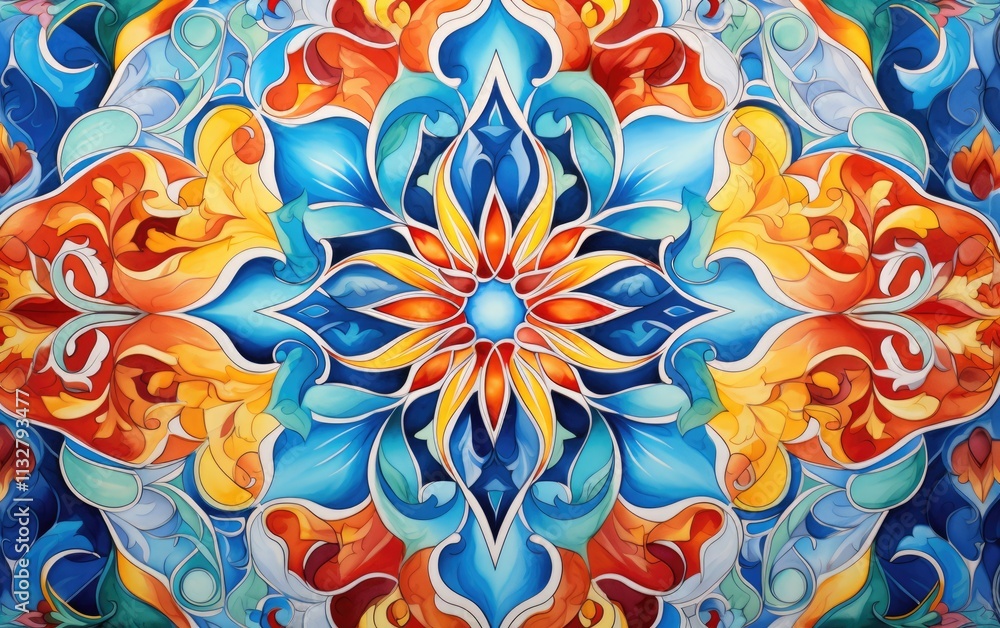 Poster vibrant abstract painting featuring a symmetrical floral-like design with intricate patterns and a v