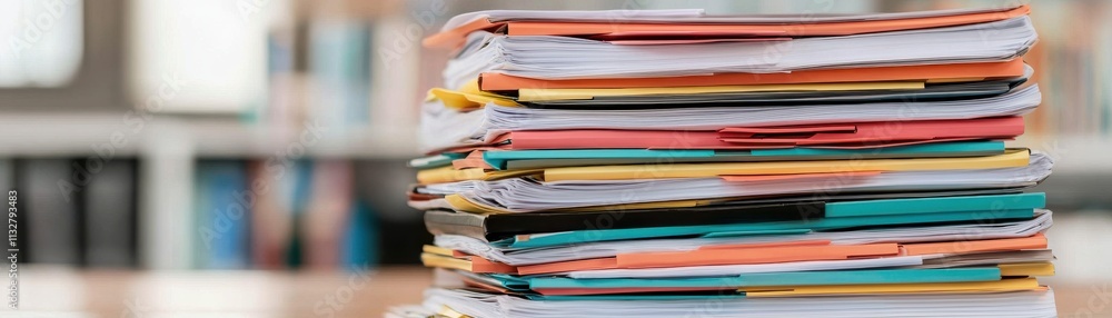Poster a neatly stacked pile of colorful files and documents, showcasing an organized workspace filled with