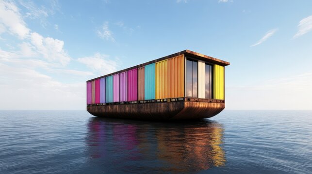 A vibrant, colorful shipping container home floats serenely on calm waters under a bright sky.
