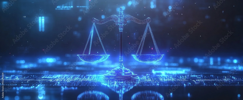 Poster a glowing scale of justice symbolizing law and fairness in a digital realm.
