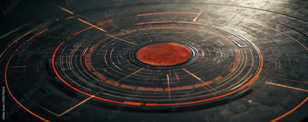 Poster a futuristic circular design with intricate patterns, featuring bold red elements against a dark bac