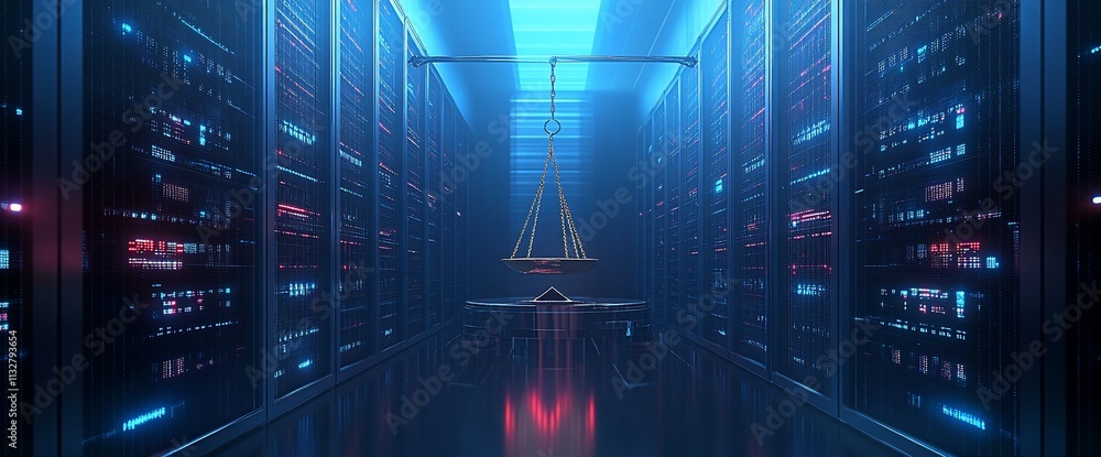 Poster a futuristic data center featuring a balance scale in a high-tech environment.