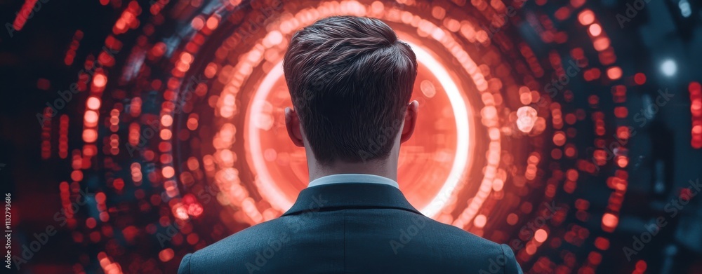Poster a man in a suit stands in front of a glowing circular interface, suggesting themes of technology and