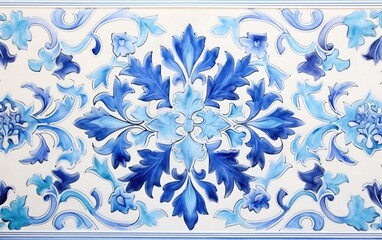 Blue and white floral pattern, reminiscent of traditional ceramic art. Design includes a variety of stylized flowers and leaves, creating a symmetrical and harmonious arrangement on white background.